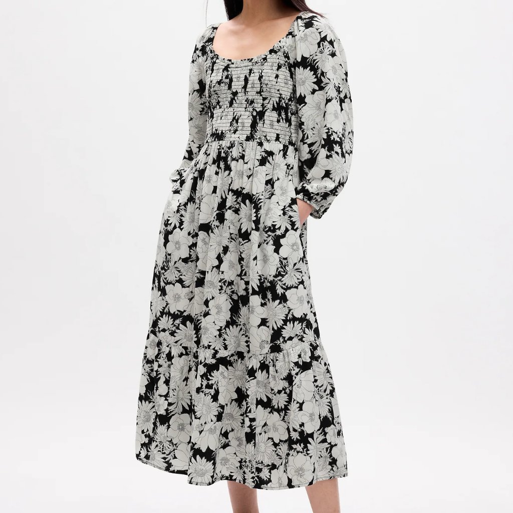 Gap White/Black Floral Smocked Scoop Neck Midi Dress/Nwt/S